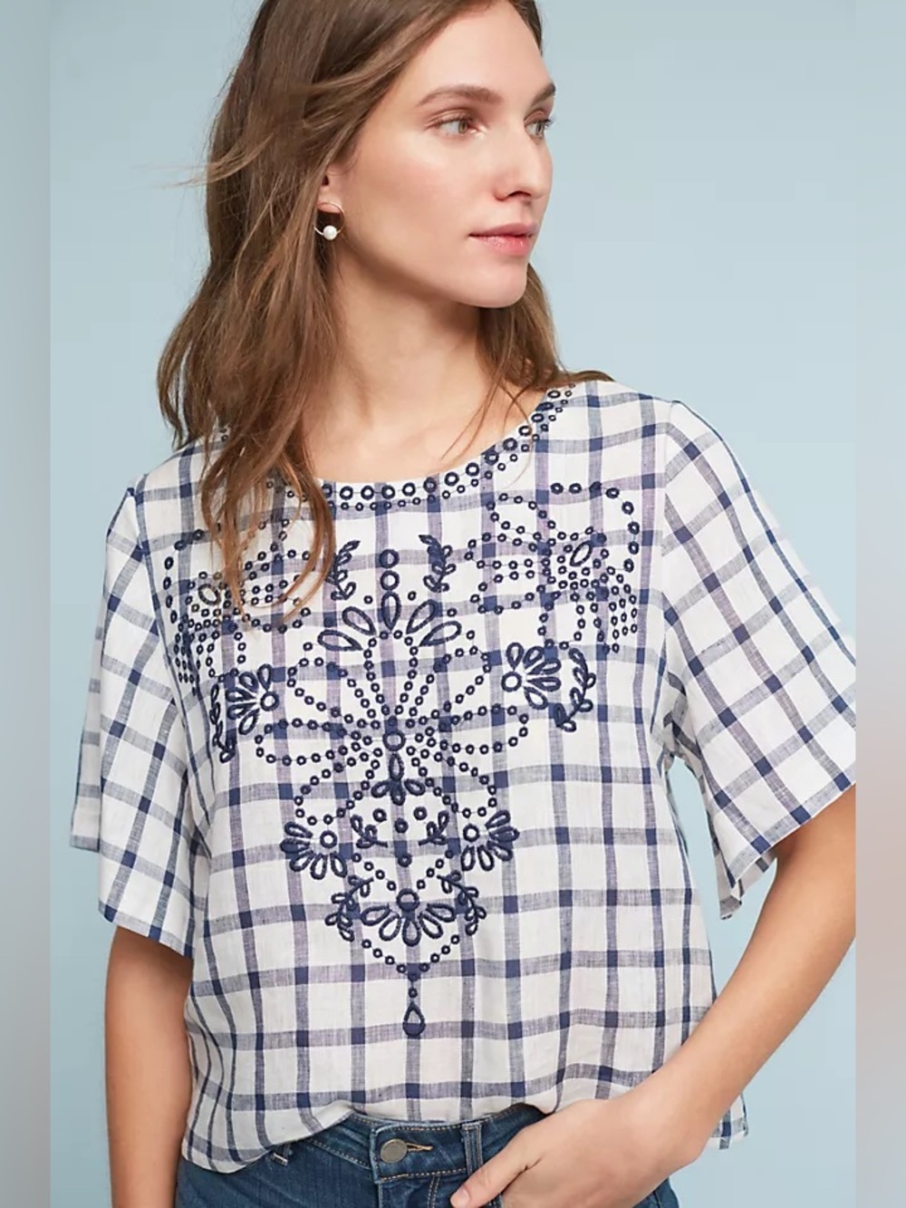 Medium Anthropologie Moon River blue White Embroidered Plaid Short Sleeve Top
